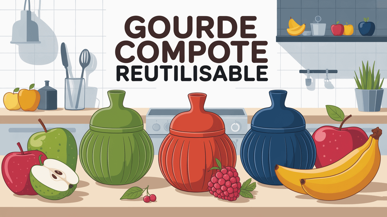 Illustration de gourdes compote réutilisables sur table avec fruits