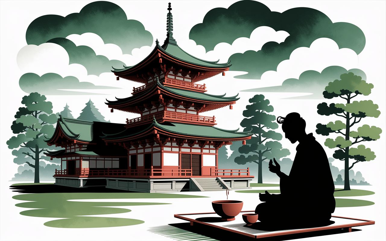 Illustration temple japonais et thé
