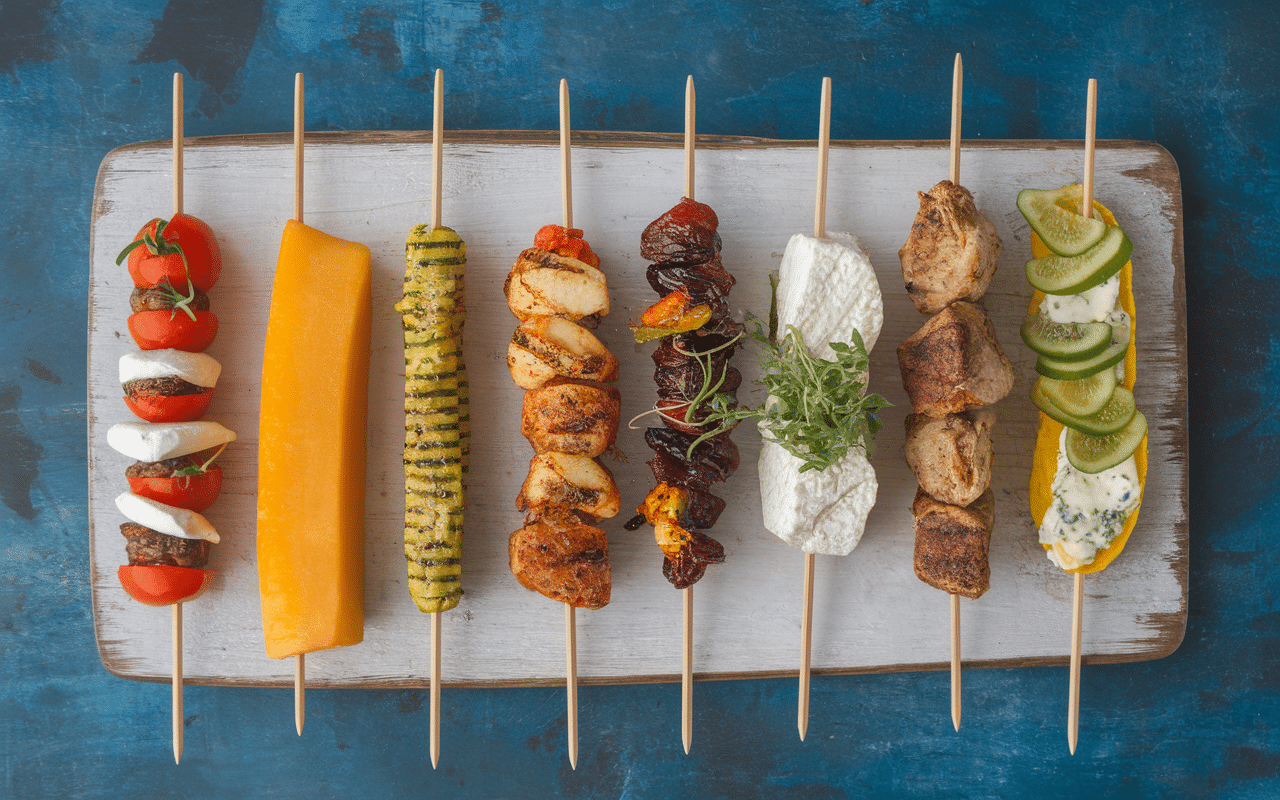 Six types de brochettes apéro sur planche rustique