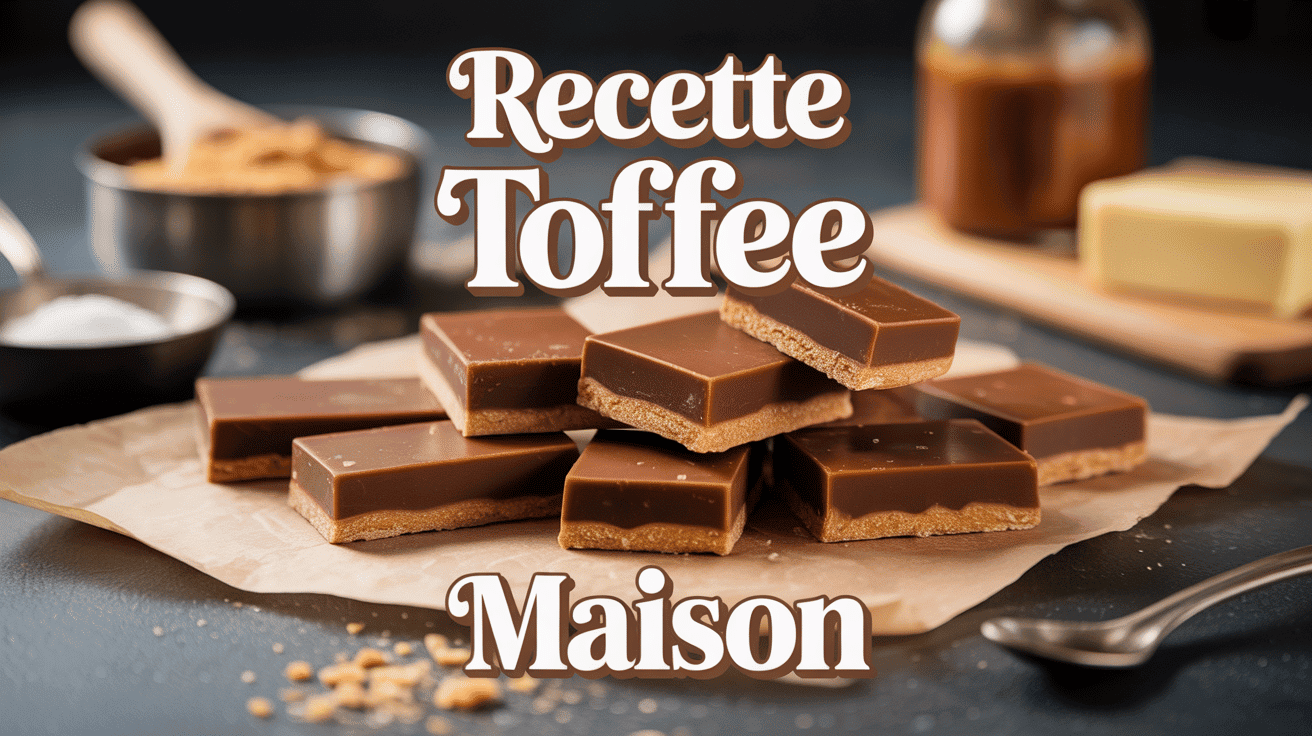 Toffee doré et brillant sur bois avec ingrédients