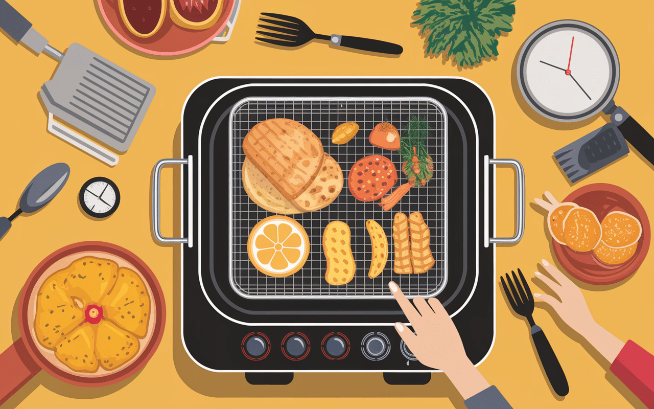 Friteuse à air avec aliments dorés et outils