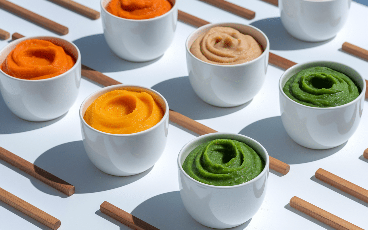 Différentes purées colorées dans des bols