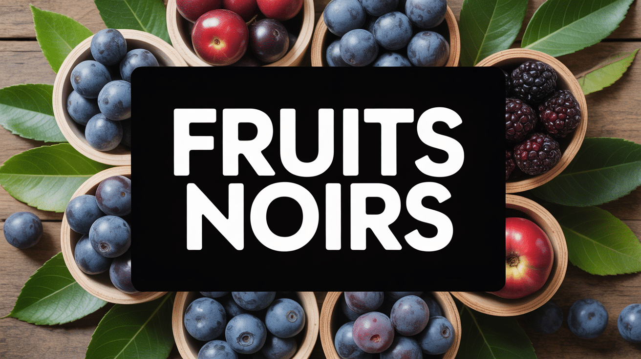 Assortiment coloré de fruits noirs frais avec titre 'FRUITS NOIRS'