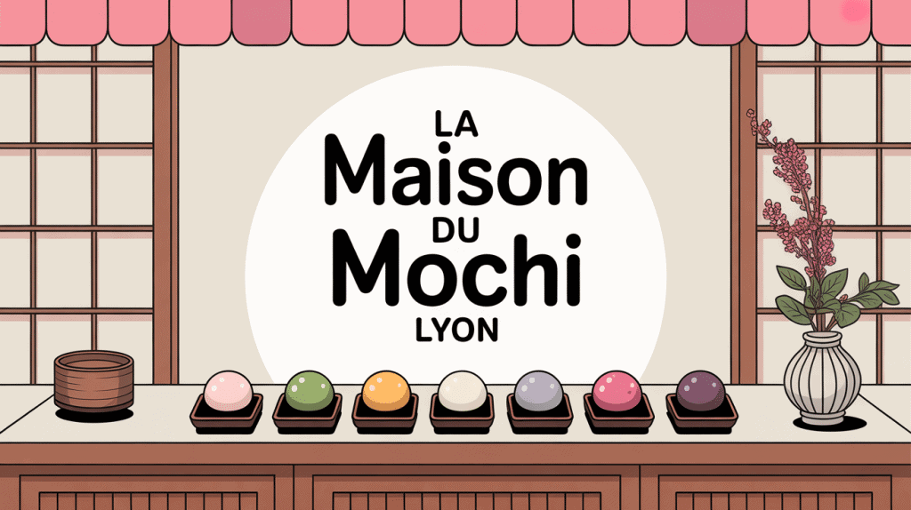Illustration de la Maison du Mochi Lyon avec mochis colorés