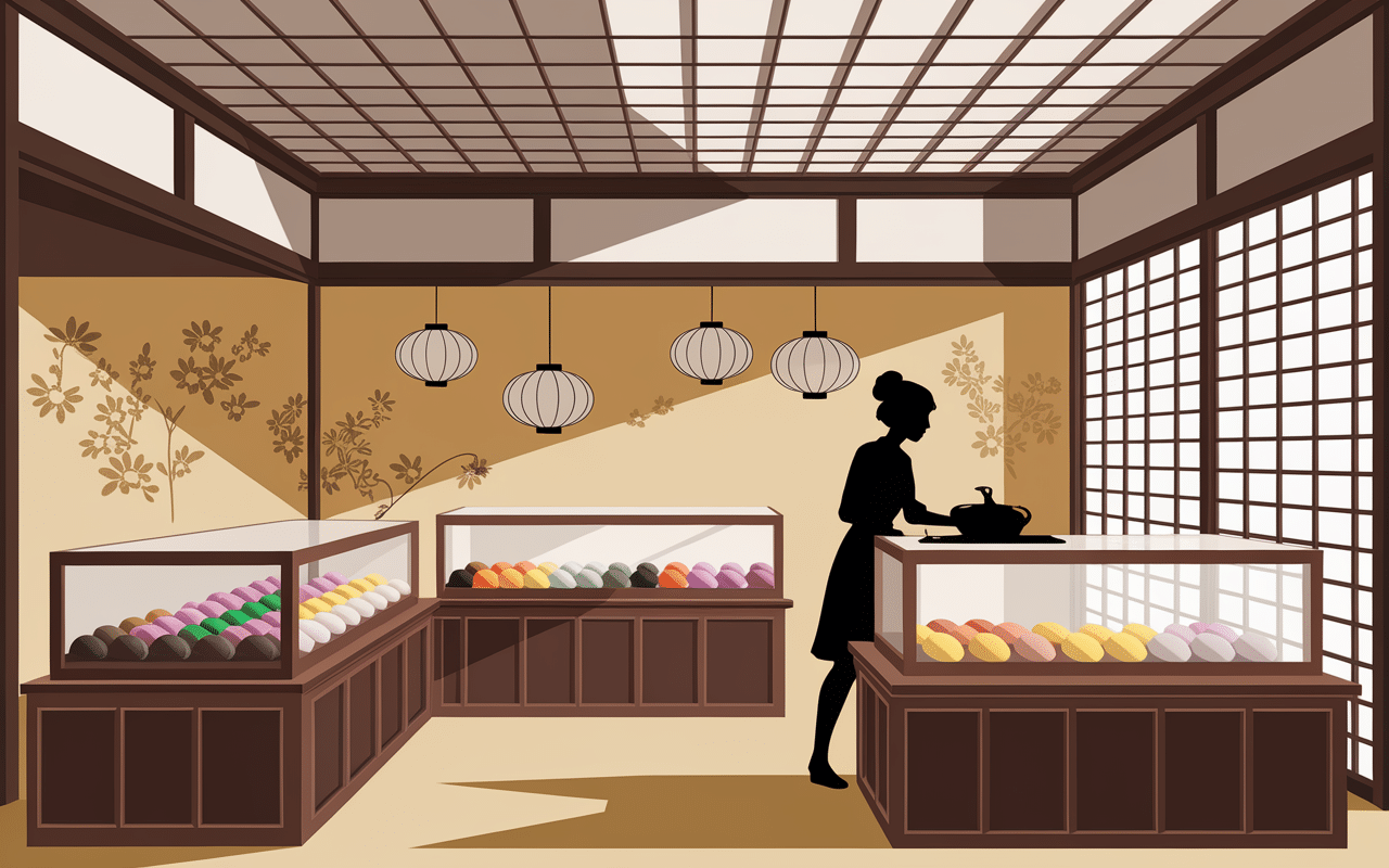 Intérieur de la boutique artisanale japonaise avec mochis