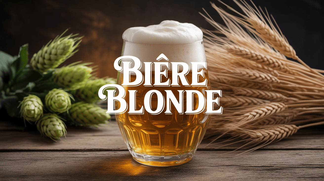 Verre de bière blonde sur table bois