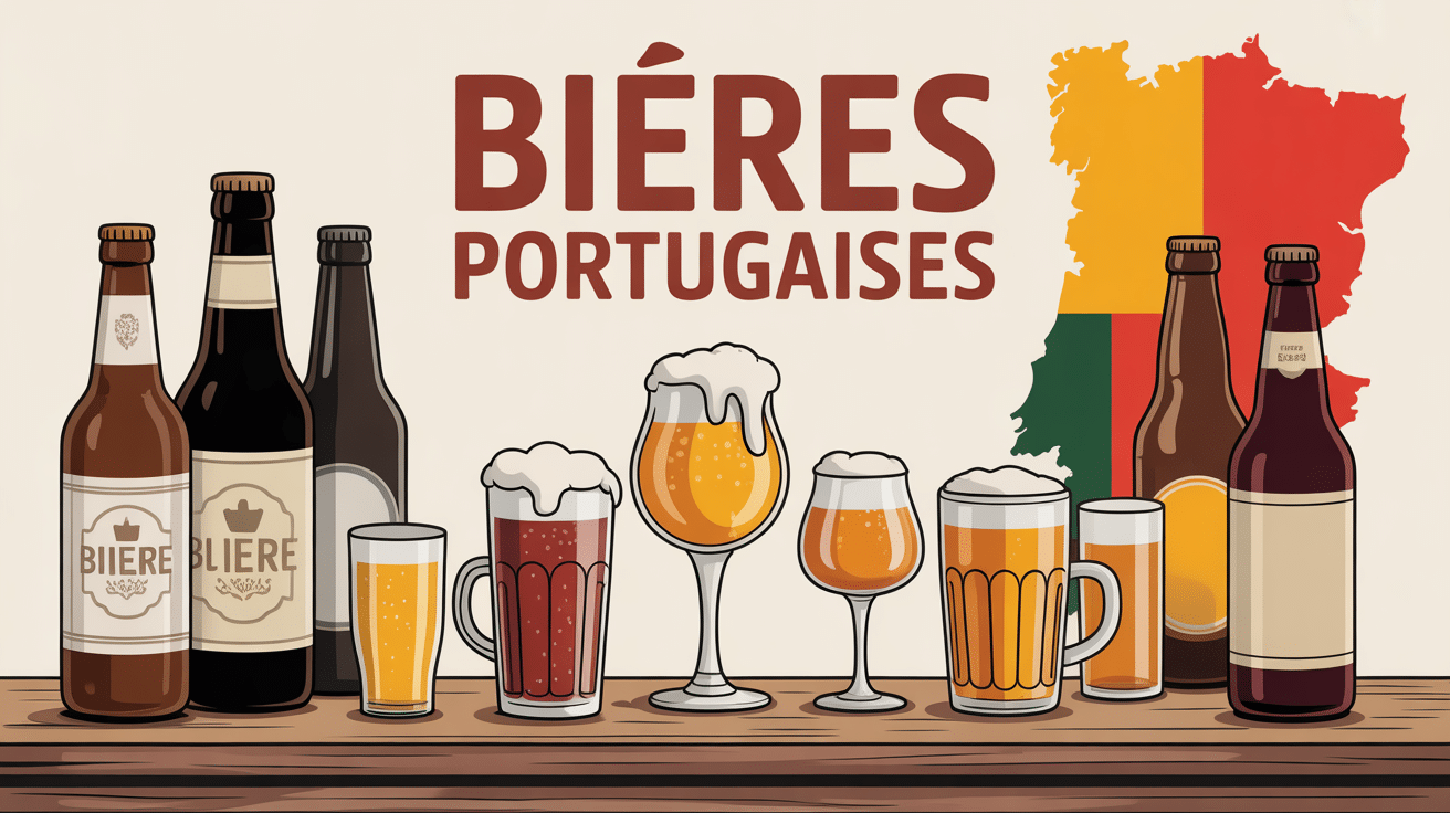 Illustration de bières portugaises sur fond de carte du Portugal
