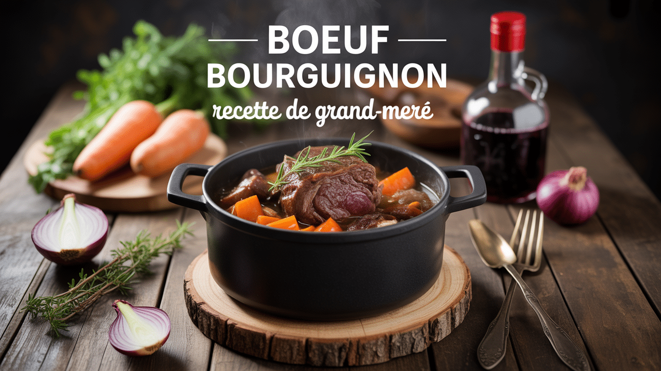 cocotte en fonte avec boeuf bourguignon et ingredients traditionnels