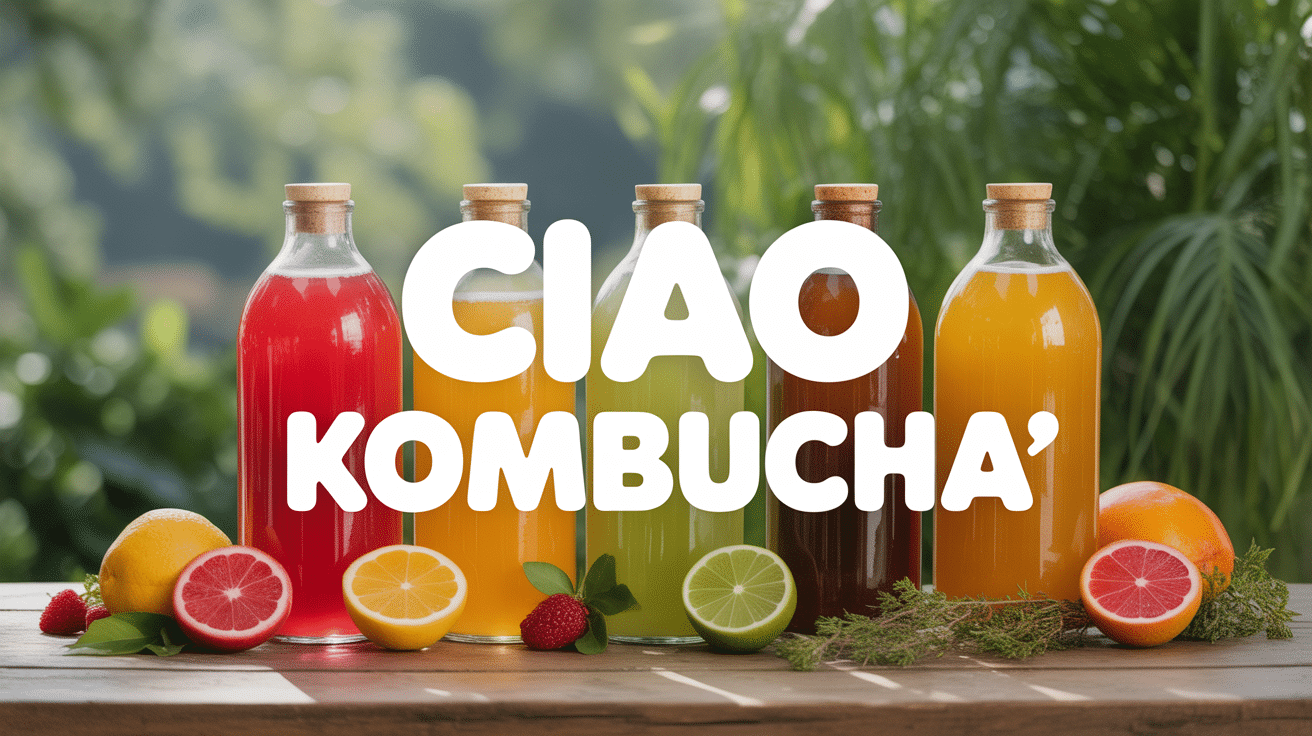 Bouteilles de kombucha sur table avec fruits