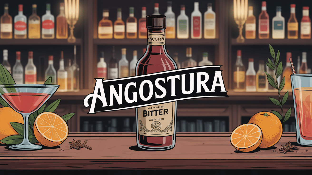 Bouteille angostura vintage sur bar avec cocktails