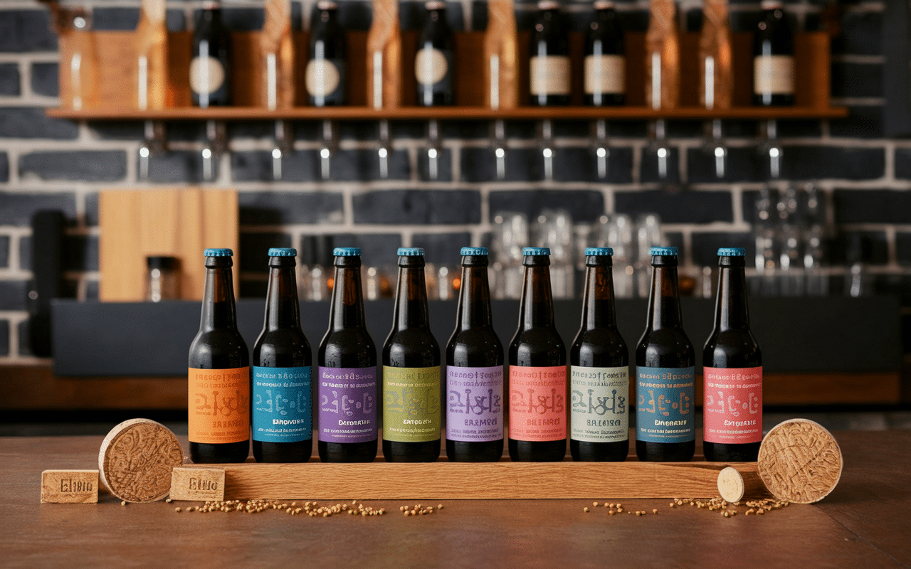 Bouteilles artisanales portugaises sur comptoir avec houblons