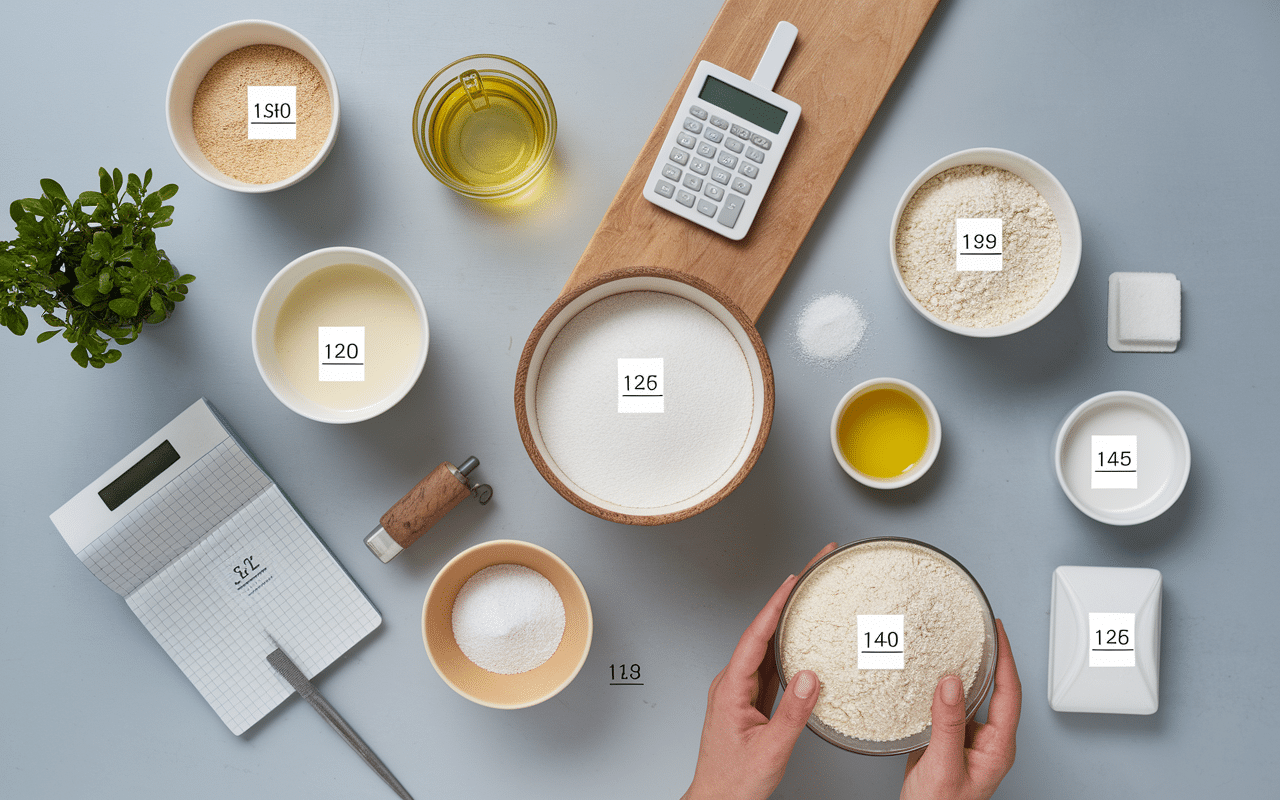 Table de cuisine avec ingrédients et calculateur pour cl en gramme