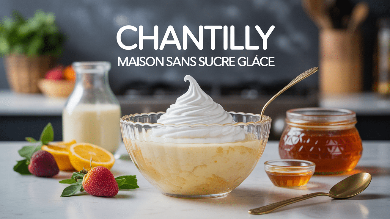 Bol de chantilly maison sans sucre glace avec miel et fruits