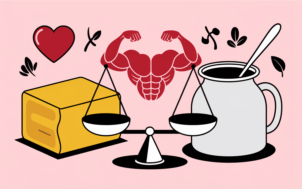 Comparaison beurre versus yaourt illustrée avec balance symbolique