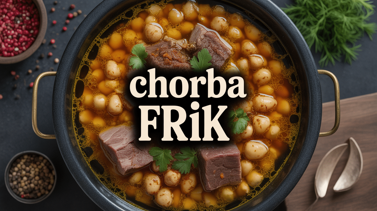 Bol fumant de chorba frik avec blé concassé, viande et épices