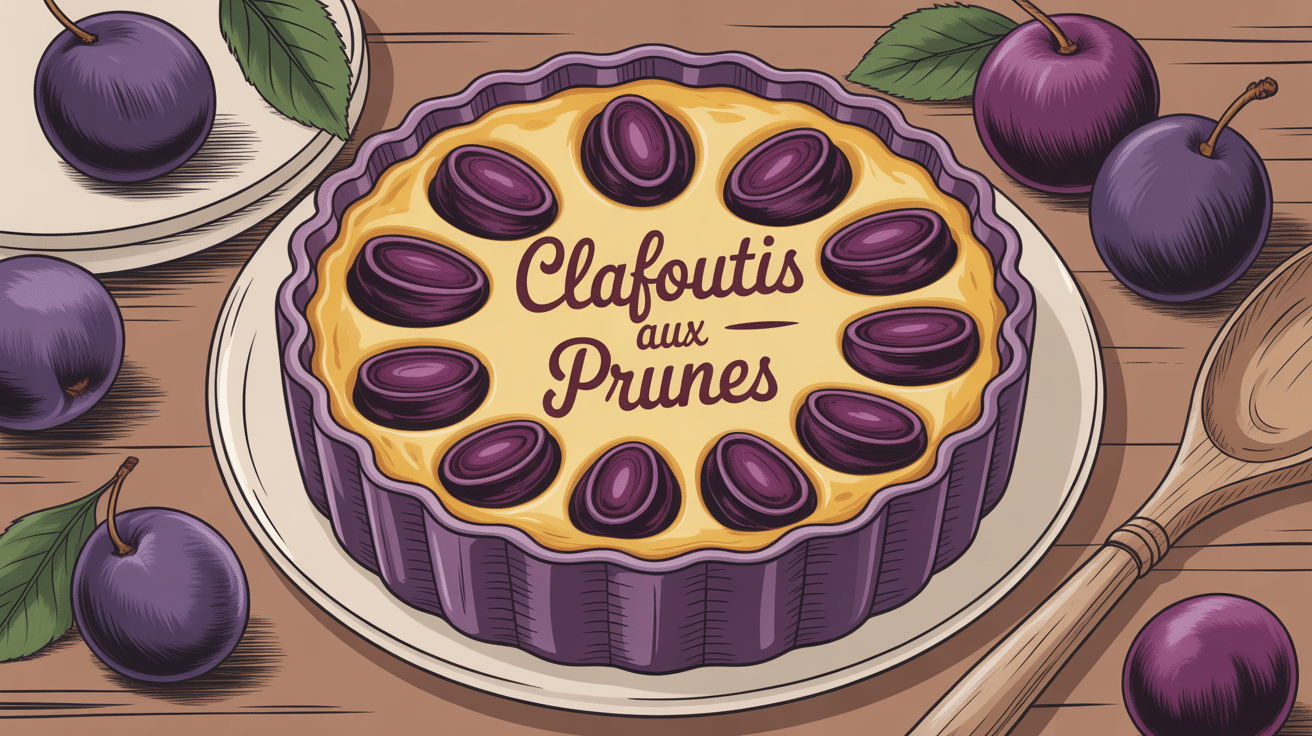 Clafoutis aux prunes doré dans un moule en céramique avec prunes violettes sur table en bois