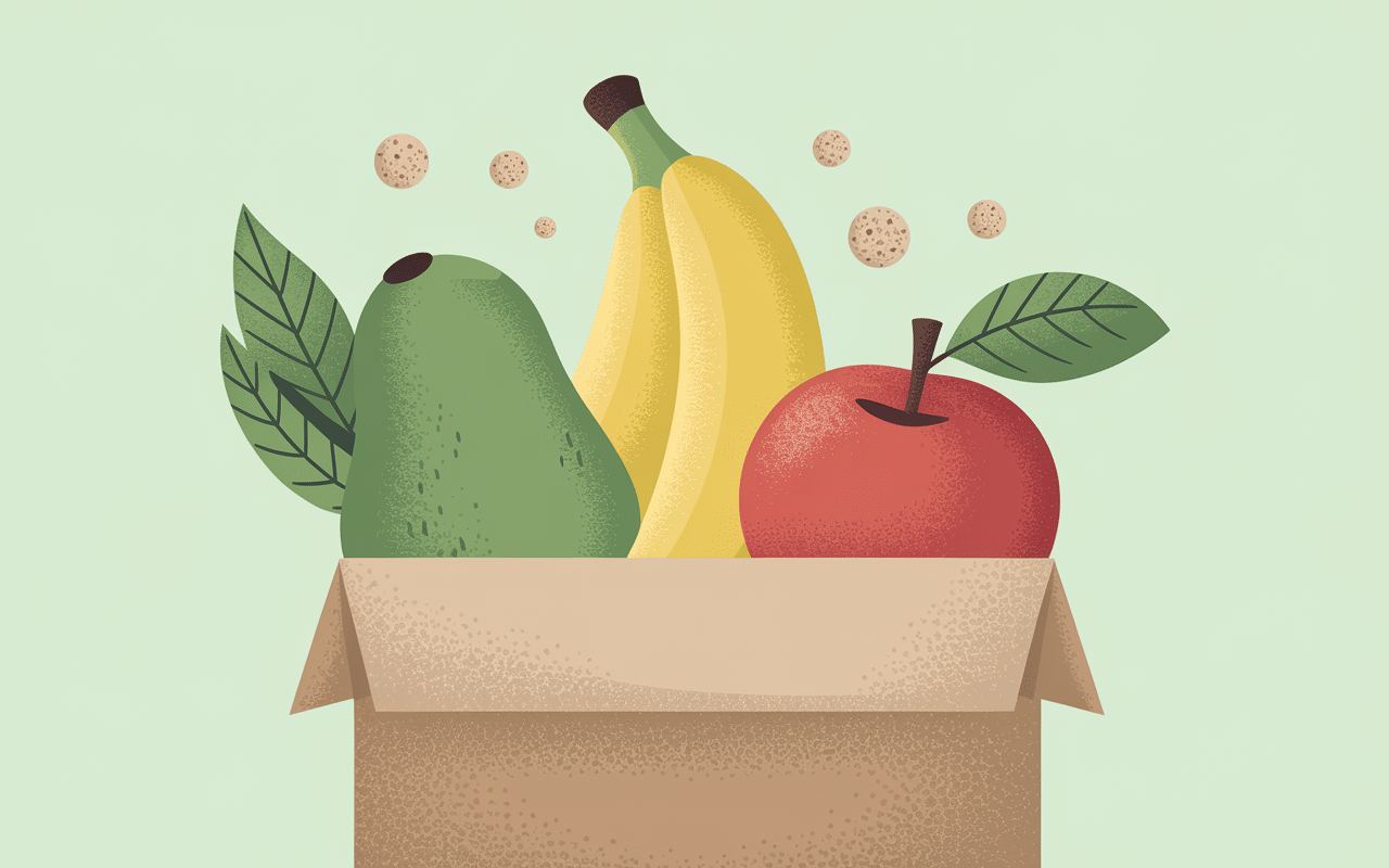 Sac en papier avec avocat, banane, pomme, montrant éthylène
