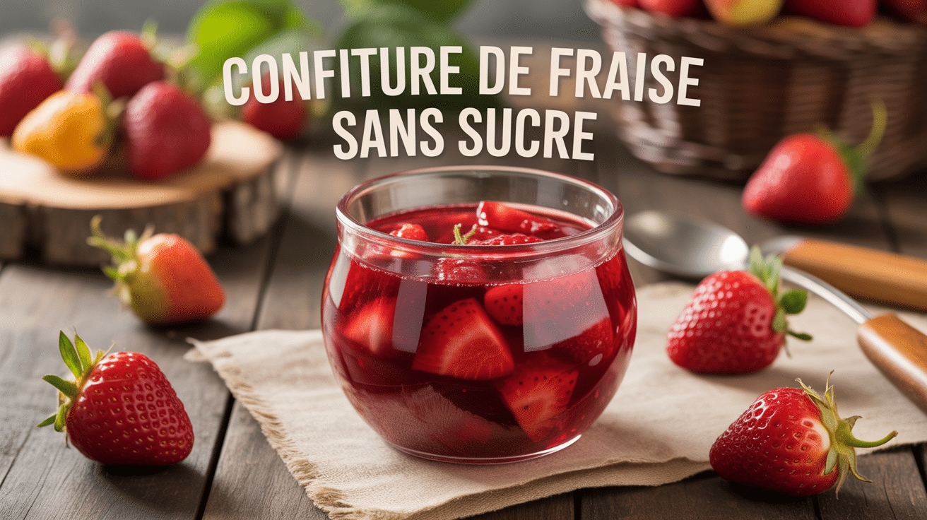 Confiture de fraise sans sucre en bocal avec fraises autour