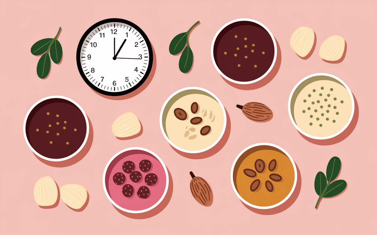 Horloge, portions de compote, yaourt, noix, flocons d'avoine