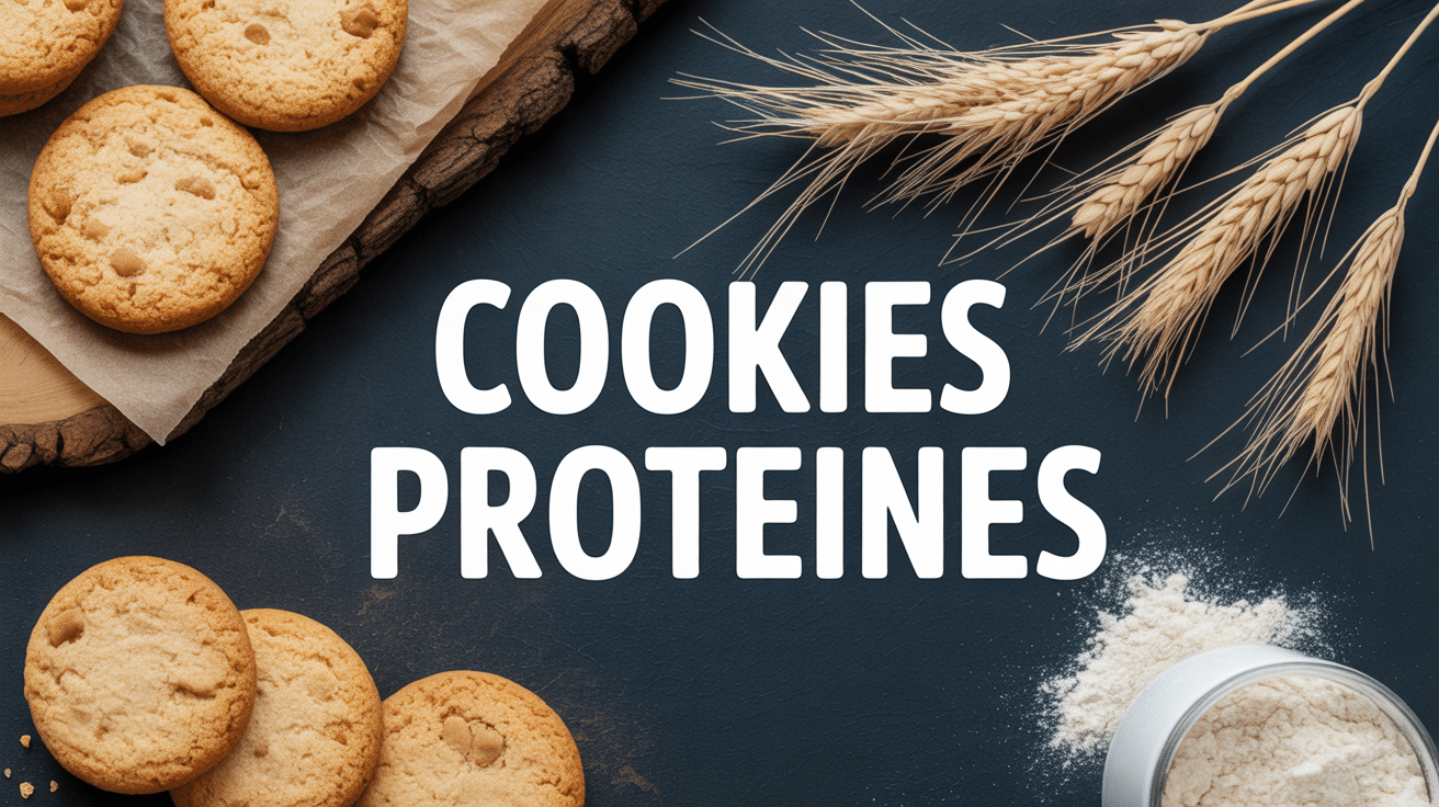 Cookies protéinés dorés sur planche en bois avec poudre et flocons