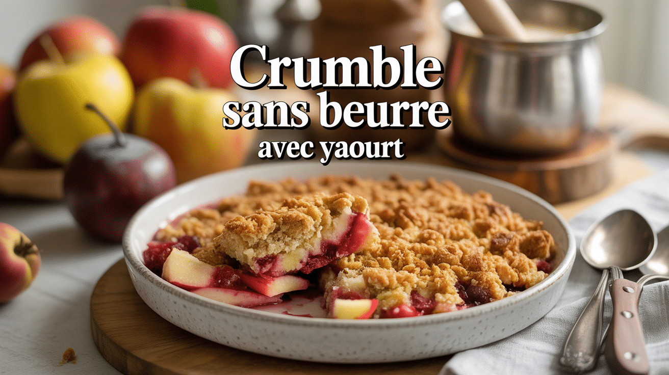 Crumble sans beurre avec yaourt et fruits colorés dans un plat en céramique