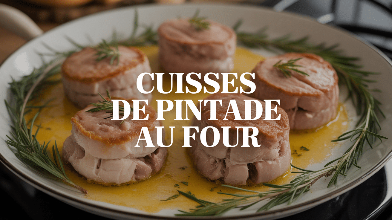 Cuisses de pintade dorées au four entourées d'herbes aromatiques