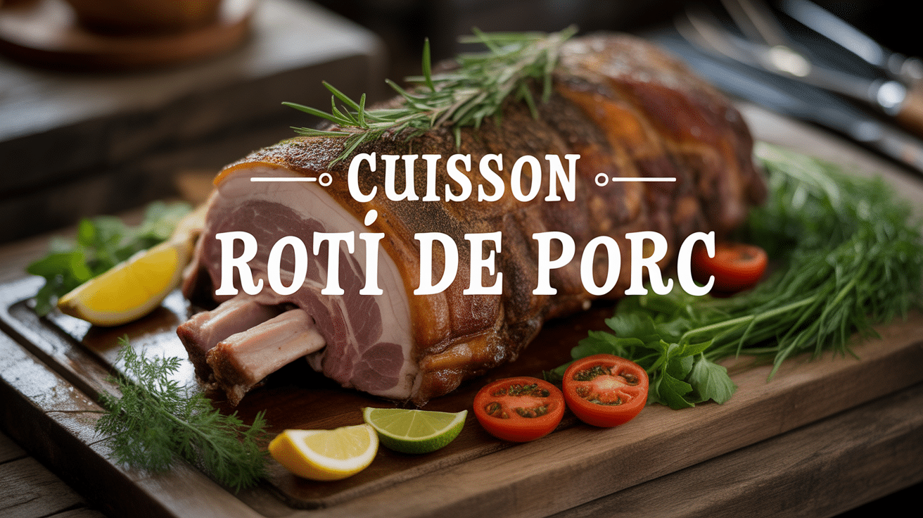 Rôti de porc doré et juteux, herbes et légumes