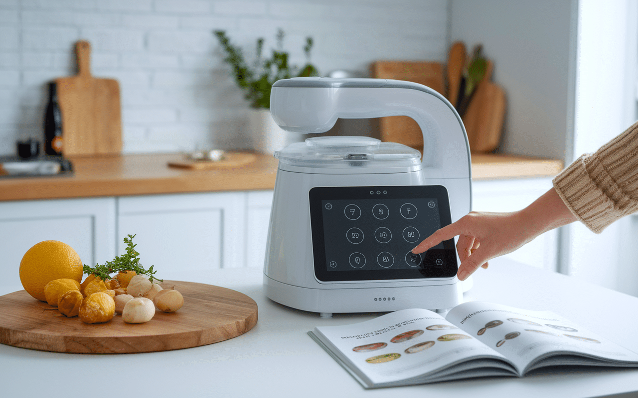 Robot cuisine avec écran tactile et accessoires