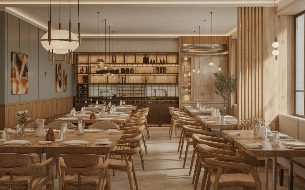 Intérieur élégant du restaurant avec four à bois