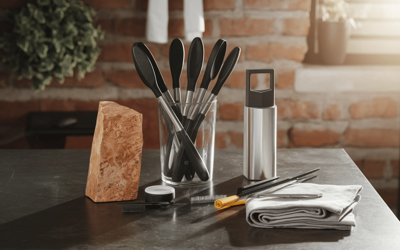 Scène d'entretien de couteaux avec outils