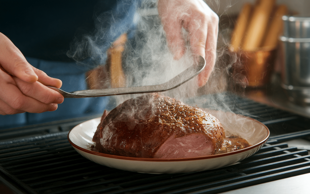 Four avec rôti de porc doré et arrosage