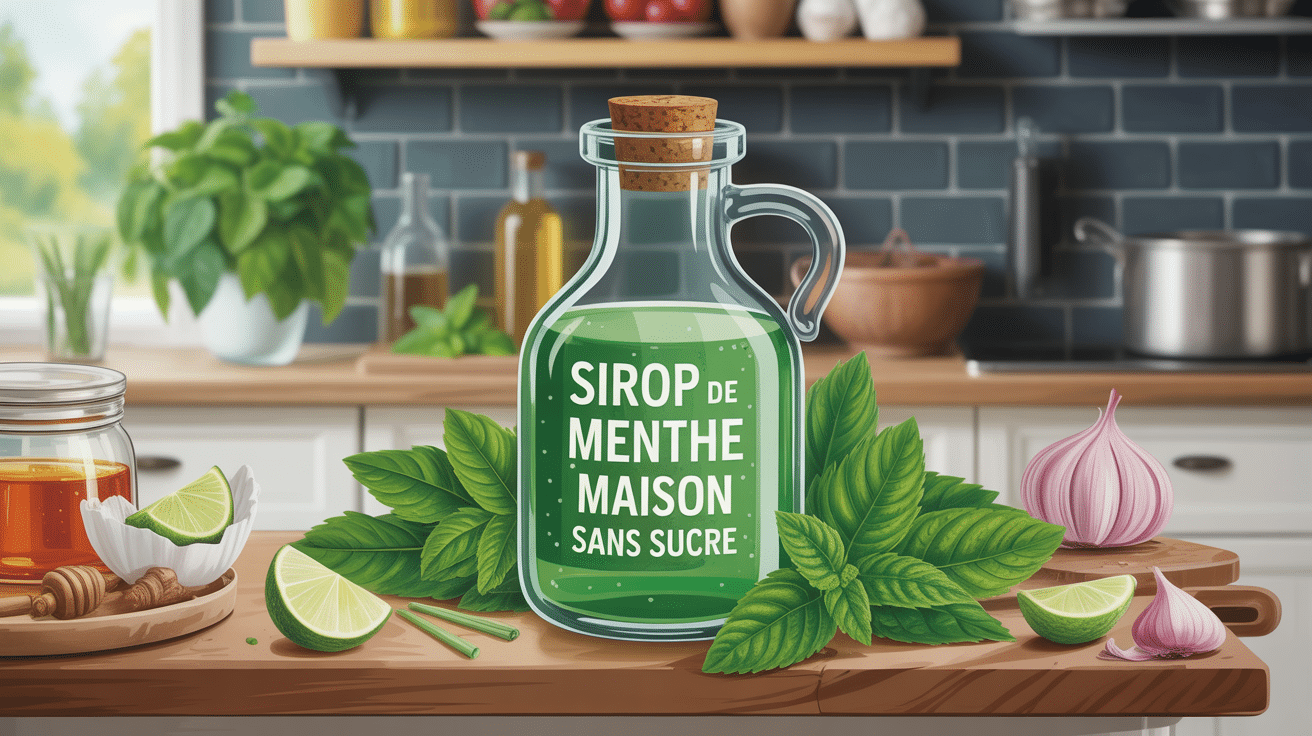 Bouteille de sirop de menthe maison sans sucre avec feuilles fraîches