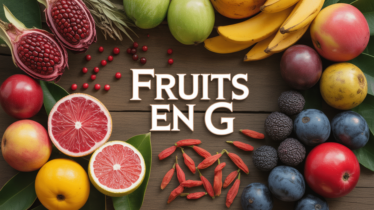 Assortiment coloré de fruits en G sur bois