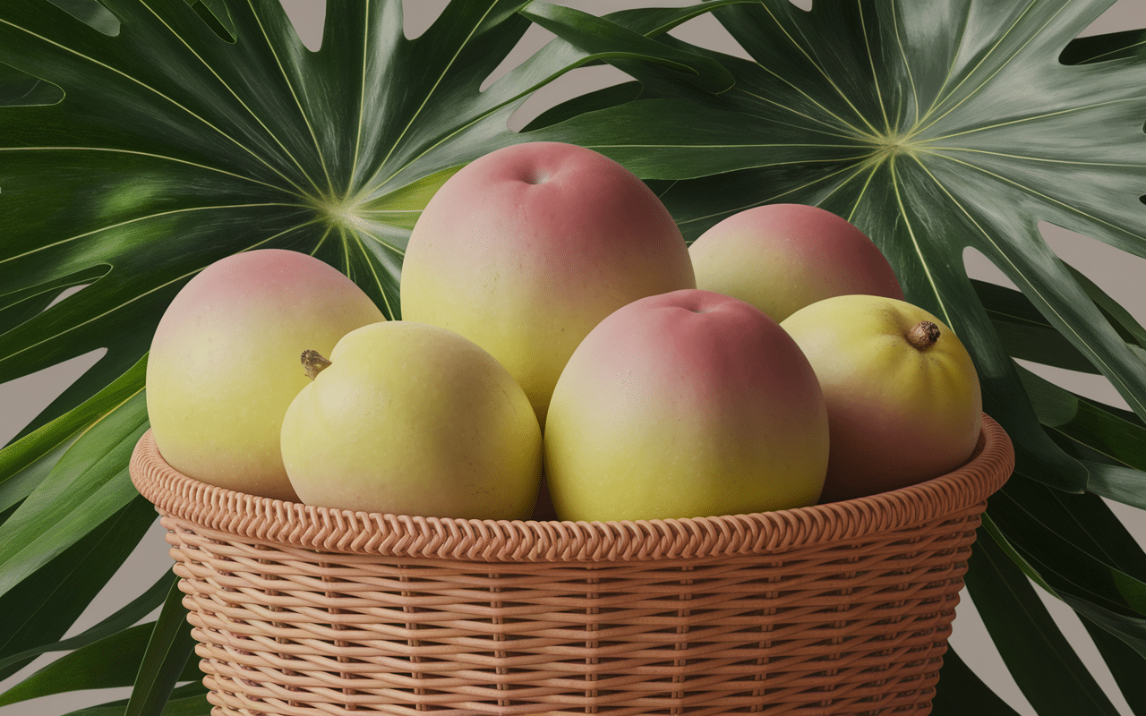 Fruits tropicaux en panier avec feuilles vertes