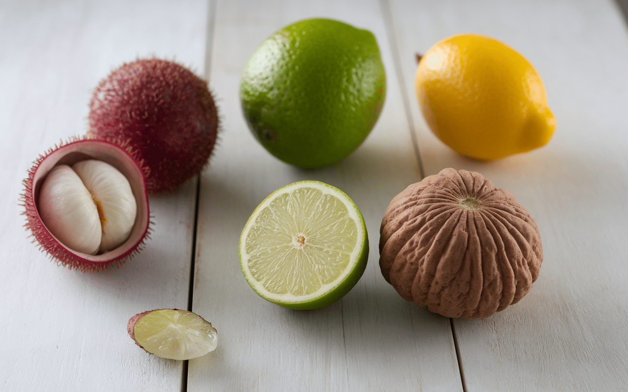 Fruits en L courants sur bois clair