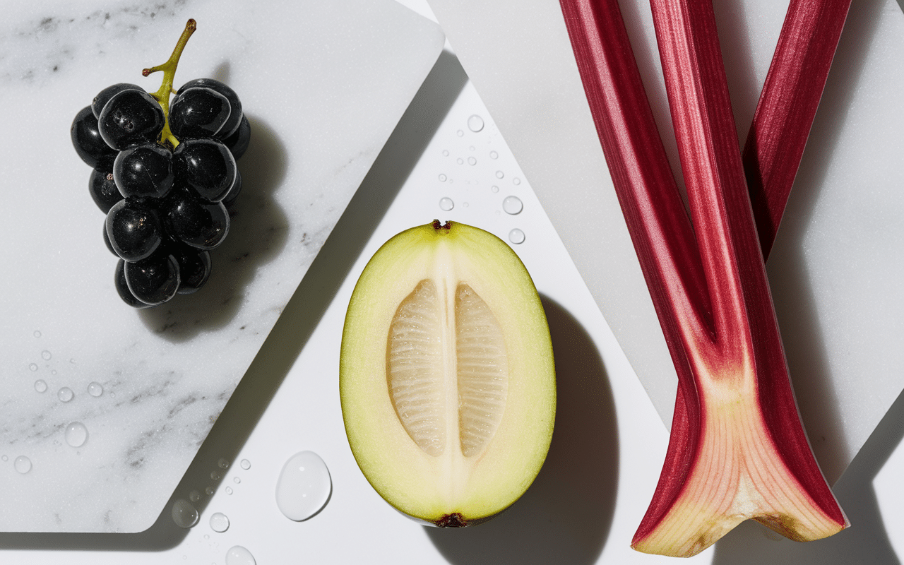 Gros plan raisin ramboutan rhubarbe