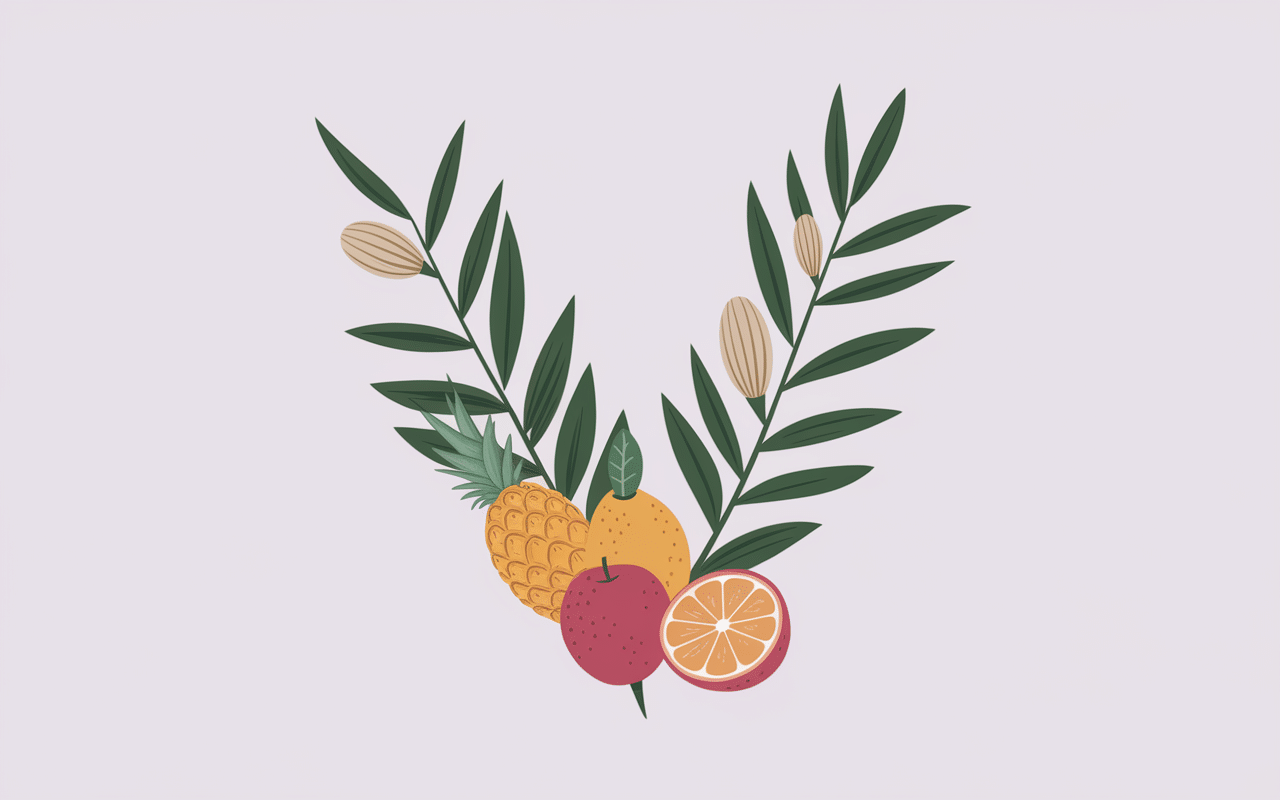 Lettre V naturelle avec gousses de vanille et fruits tropicaux