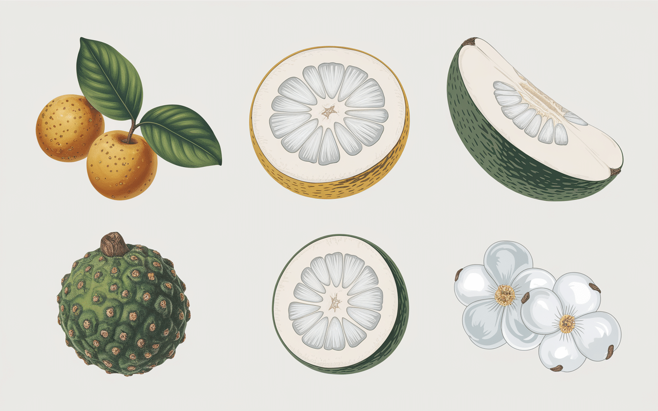 Illustration de wampi, white sapote, groseilles blanches