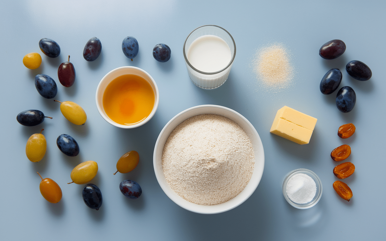 Ingrédients clafoutis avec prunes colorées coupées en deux