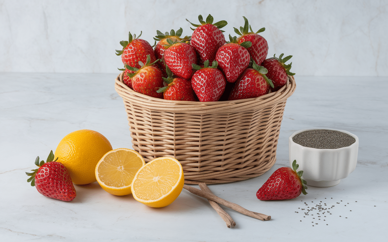 Ingrédients pour confiture de fraise sans sucre incluant fraises mûres