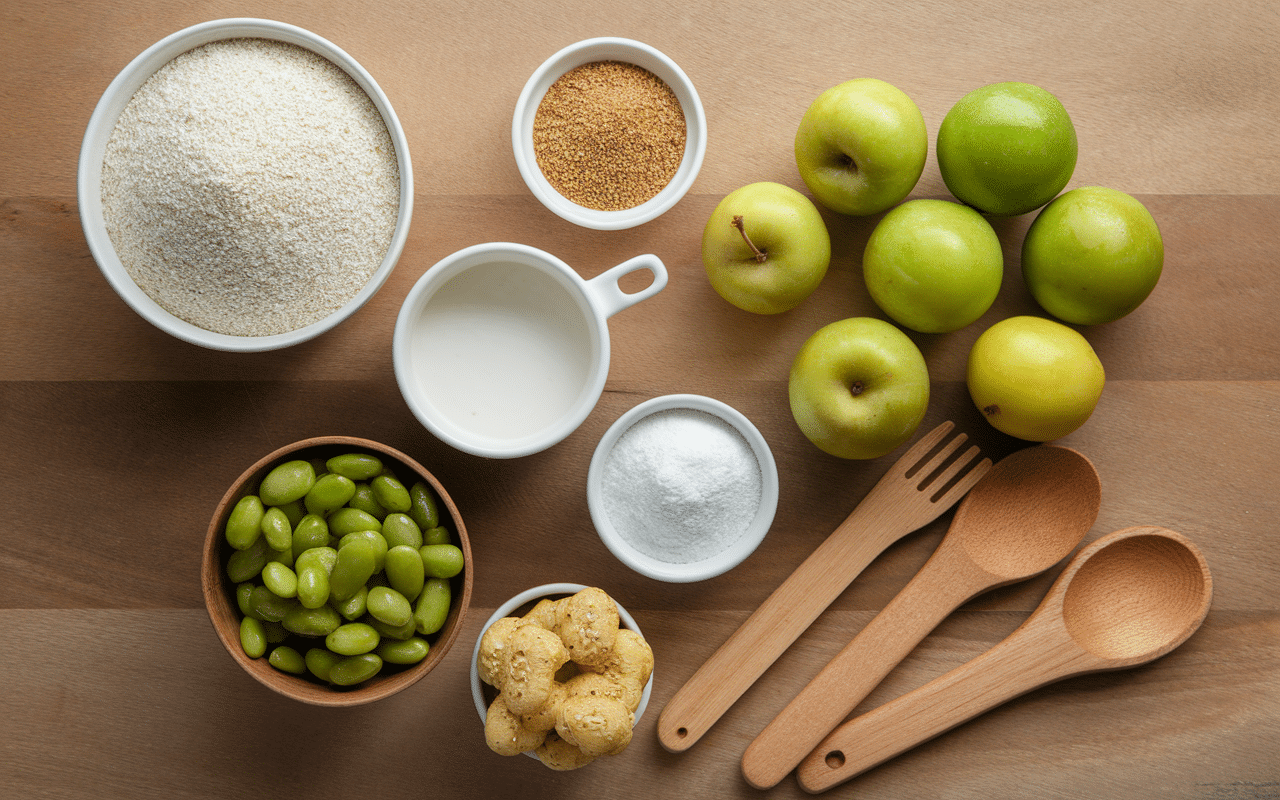 Surface de travail avec ingrédients pour crumble sans beurre et yaourt