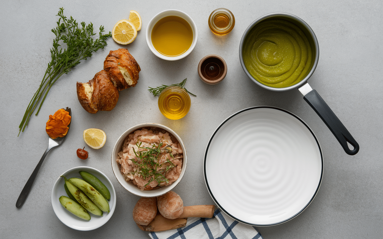 Ingrédients pour cuisse de pintade au four sur plan de travail