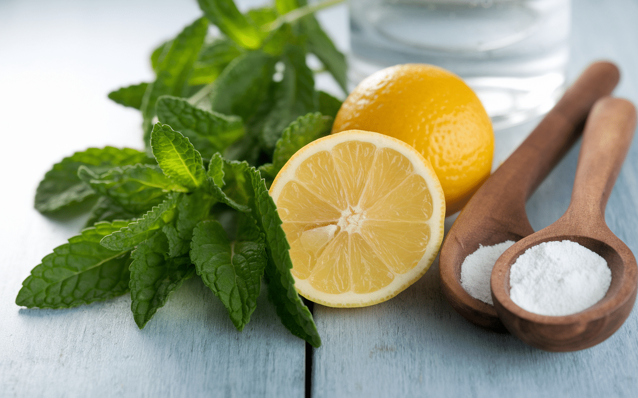 Ingrédients pour sirop de menthe sans sucre sur bois clair