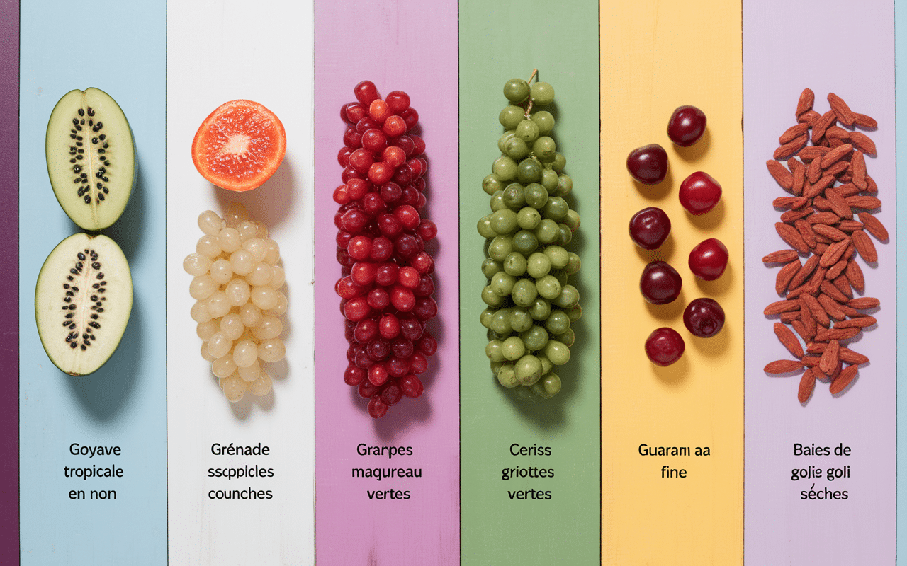 Vue organisée de fruits en G alignés étiquettés