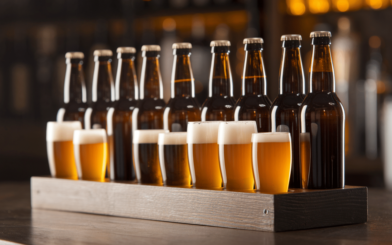 Bouteilles et verres bière blonde