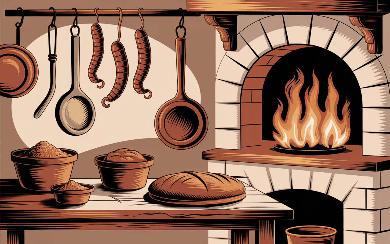 Cuisine médiévale avec alheira suspendue