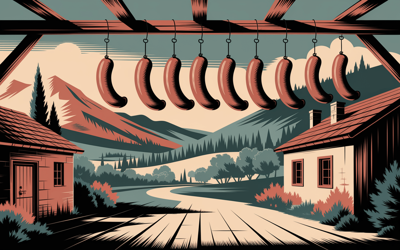 Saucisses figatelli traditionnelles en séchoir rustique