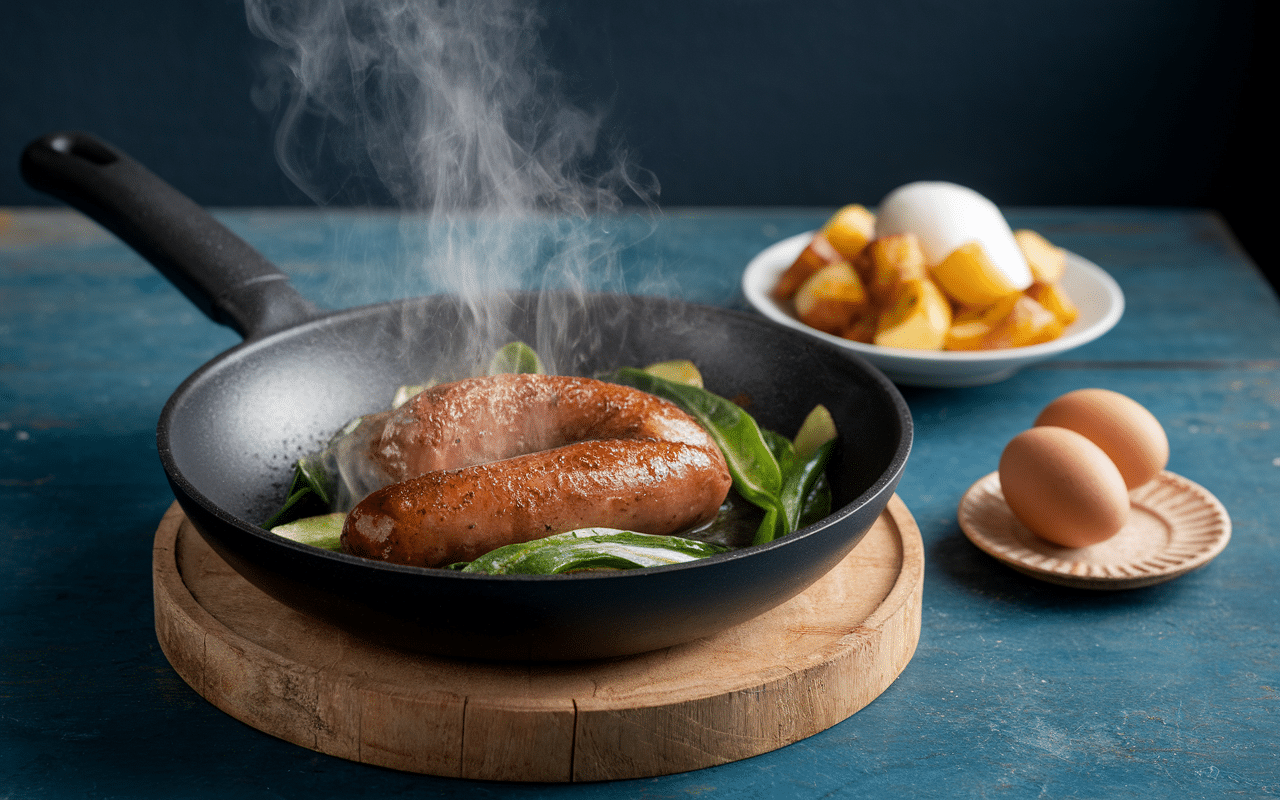 Alheira dorée en cuisson avec accompagnements