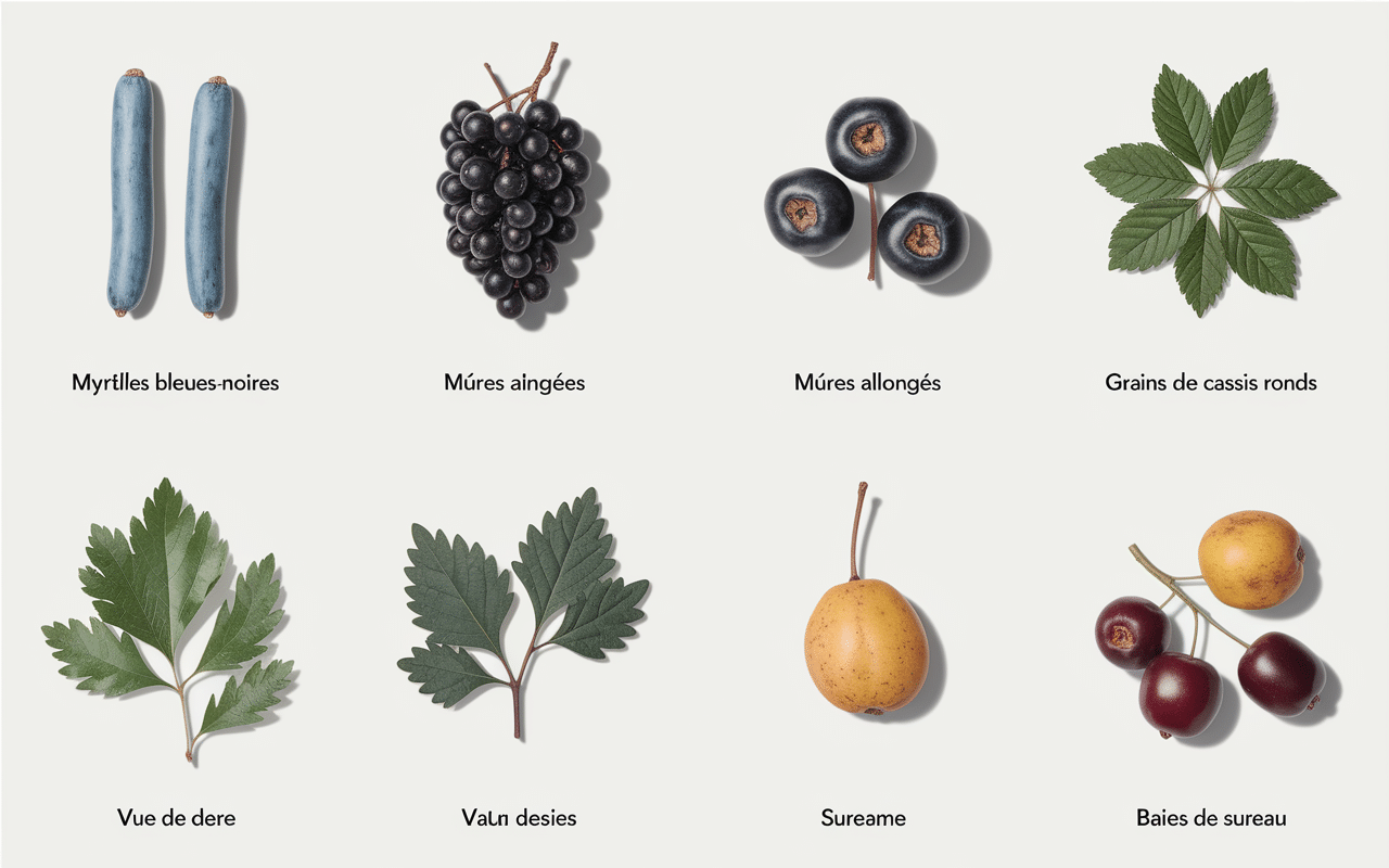 Collection de fruits noirs : myrtilles, mûres, cassis, sureau