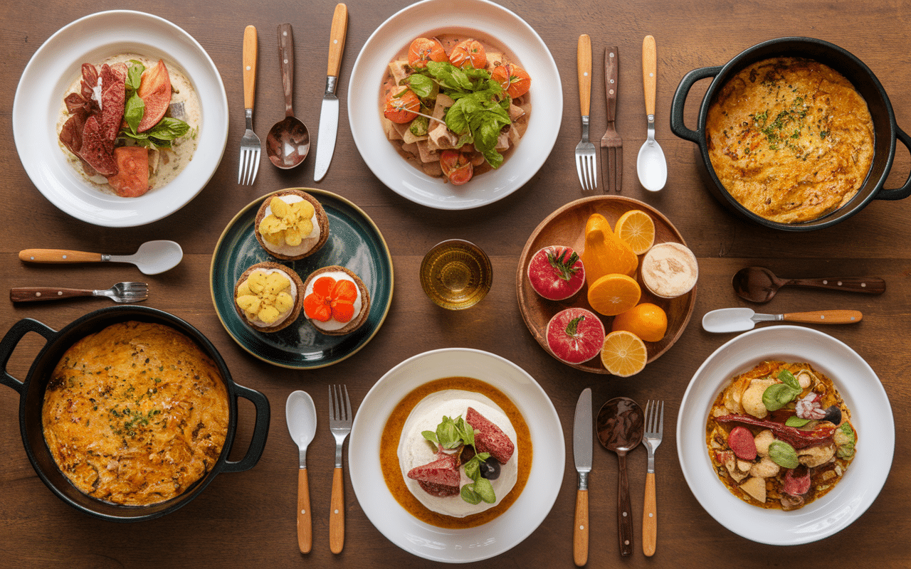 Collection de plats variés sur table en bois